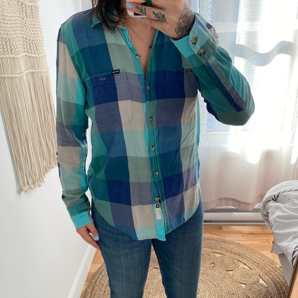 Hurley green and blue boyfriend checkered flannel shirt